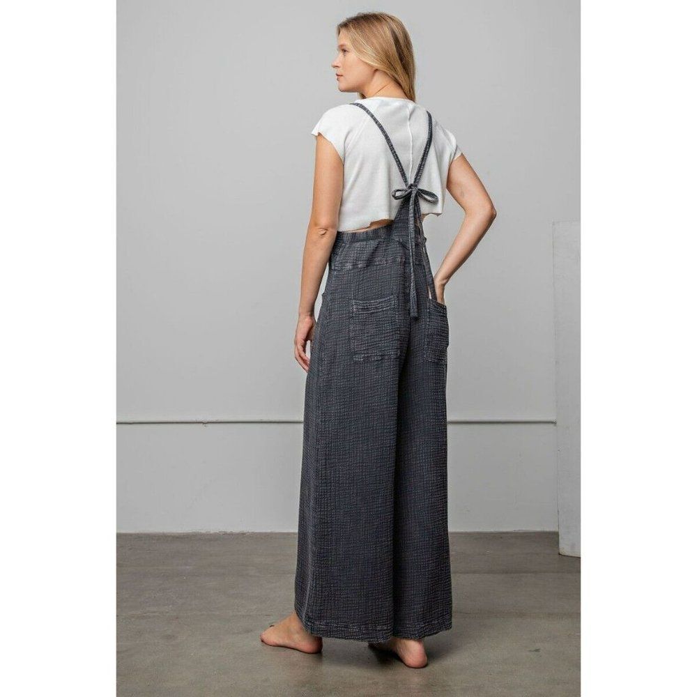 EASEL Washed Black Cotton Jumpsuit Overalls Wide Leg Pants Boho New EB41075 - Picture 5 of 5